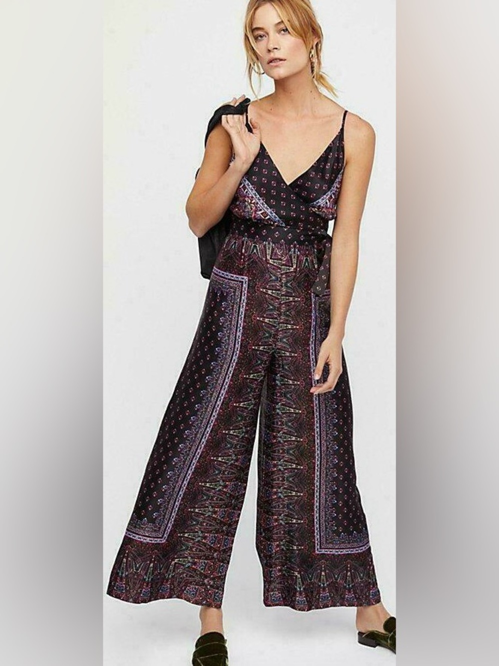 Free People Cabbage Rose Black Printed Wide-Leg Jumpsuit with Purple Accents
